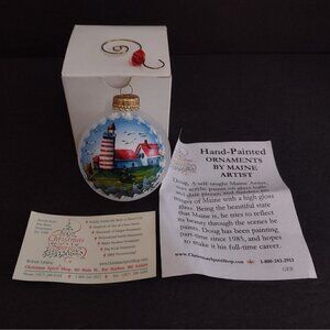Hand Painted Glass Ornament By Maine Artist Signed Doug 2016 Lighthouse Seagulls